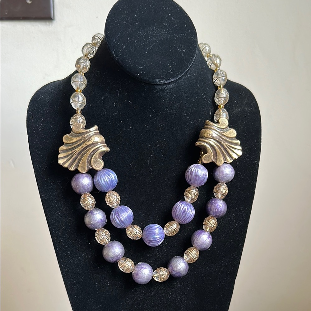 Vintage Chunky Bead Statement Necklace Purple Glass Metallic Accents